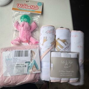 WubbaNub Pink Elephant Pacifier Plush + Baby Bath & Burp Cloth Set